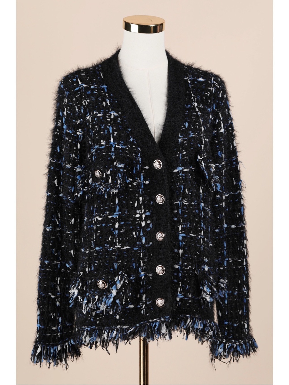 Sz S VICI Black & Blue Patrice Fringe Soft Tweed Knit Button Down Cardigan EUC